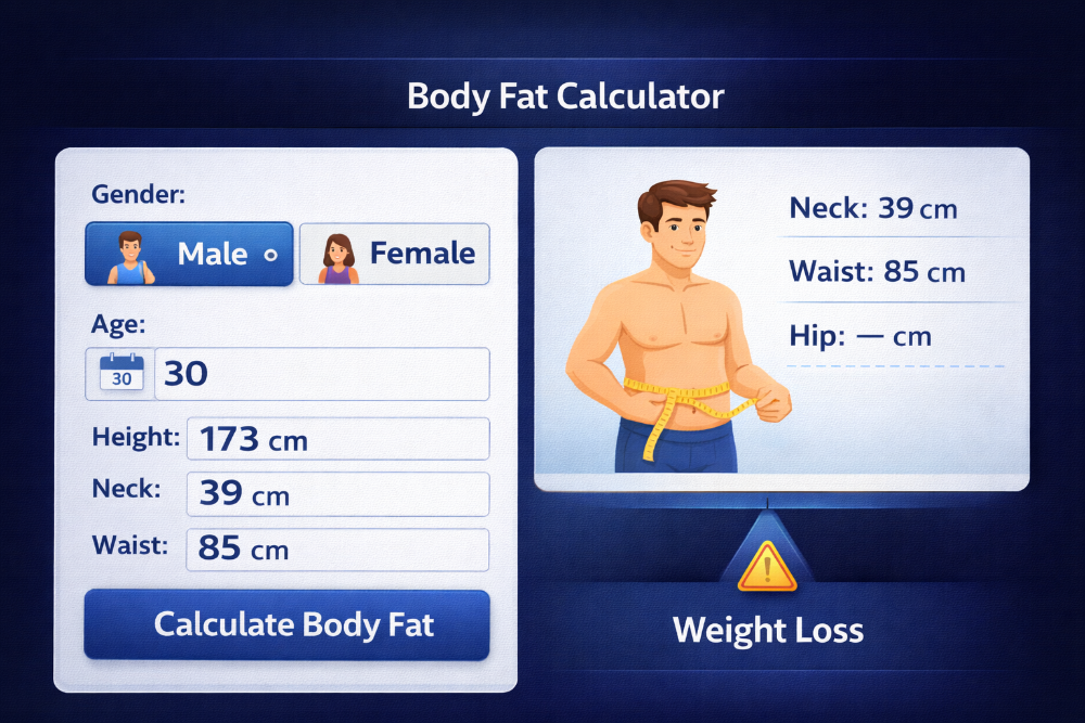 Free online body fat calculator interface with inputs for gender age height neck waist hip measurements